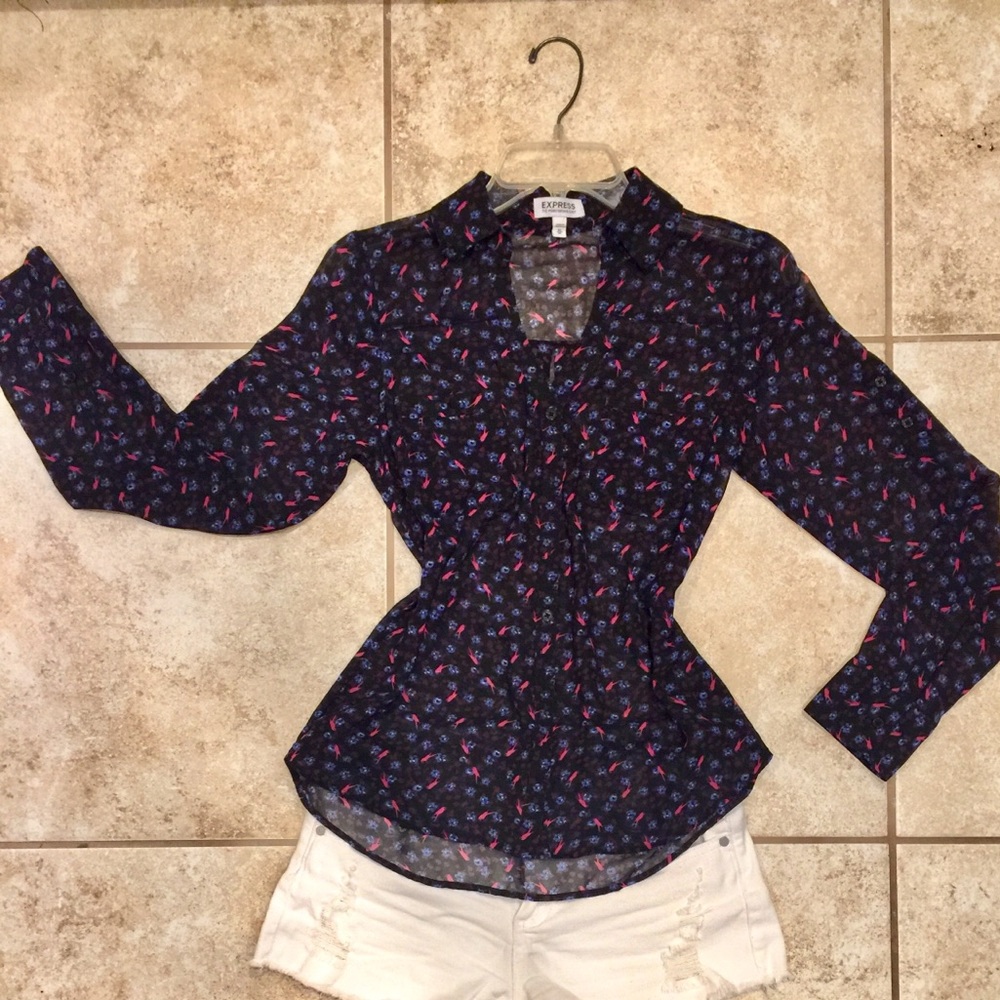 EXPRESS sheer printed blouse. Pink birds/floral